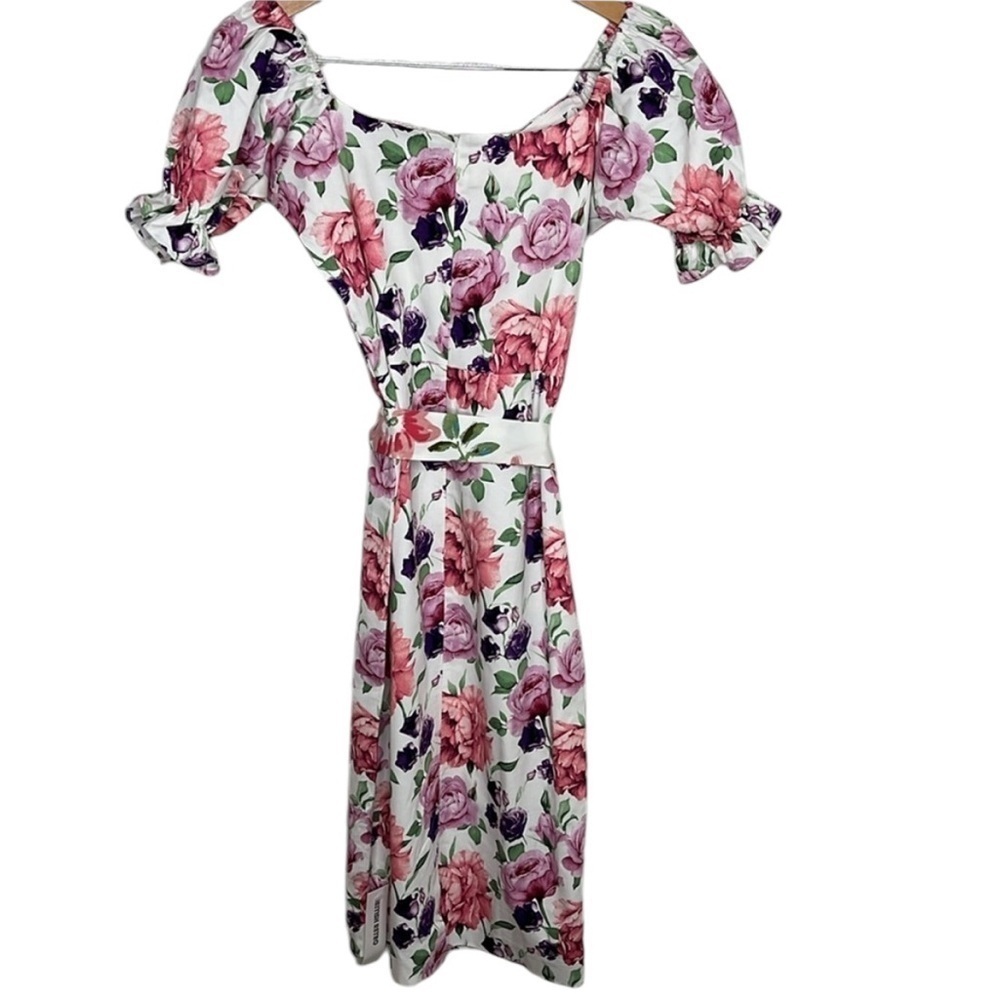 New British Retro White Rose Puffed Sleeve Dress Women Size UK 14 / US 10 - Picture 6 of 9